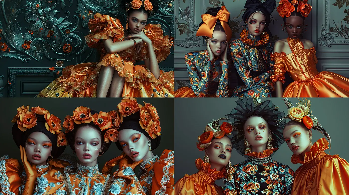 Opulent Baroque Reverie: A Harmonious Fusion of Rich Oranges and Textured Floral Elegance - Midjourney sref style