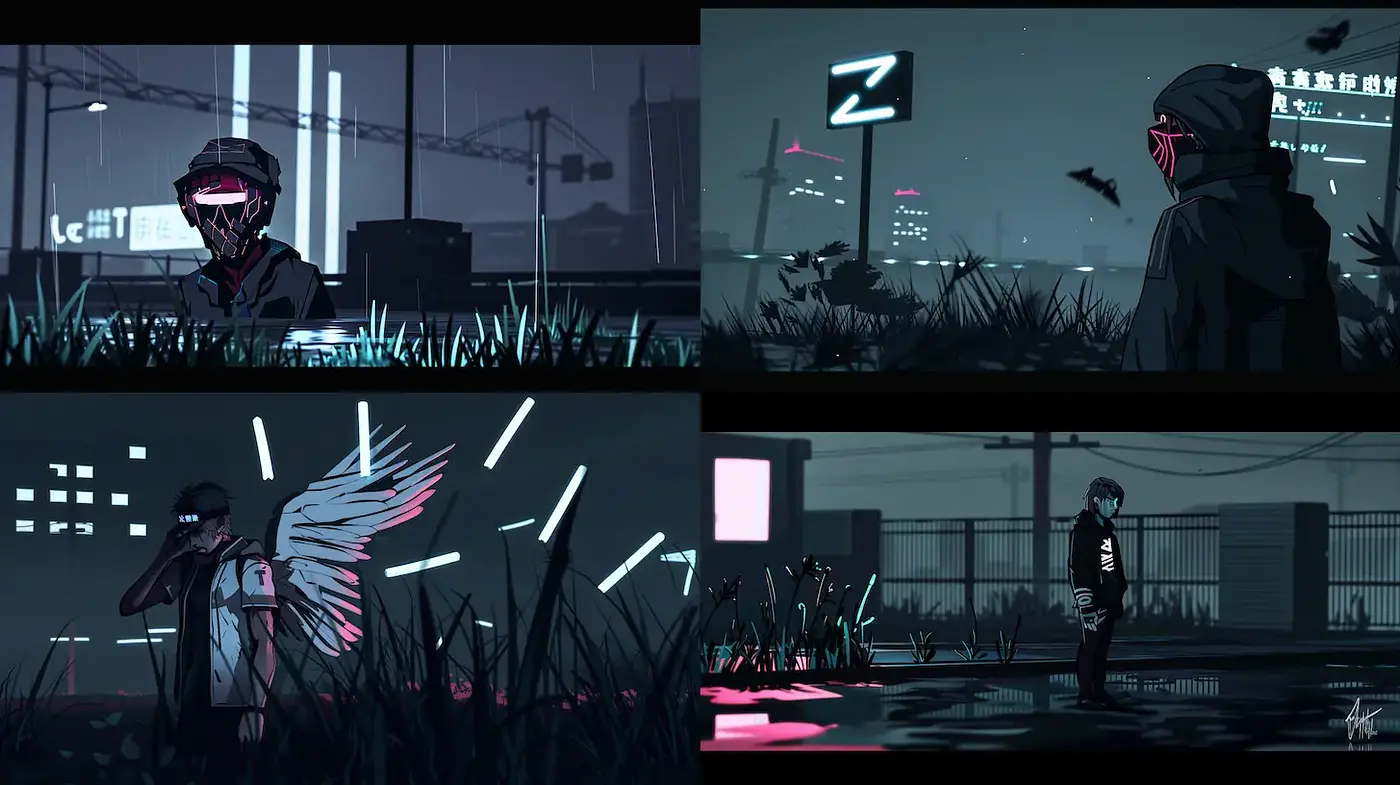 Futuristic urban visuals with a cyberpunk aesthetic and moody ambiance - Midjourney sref style