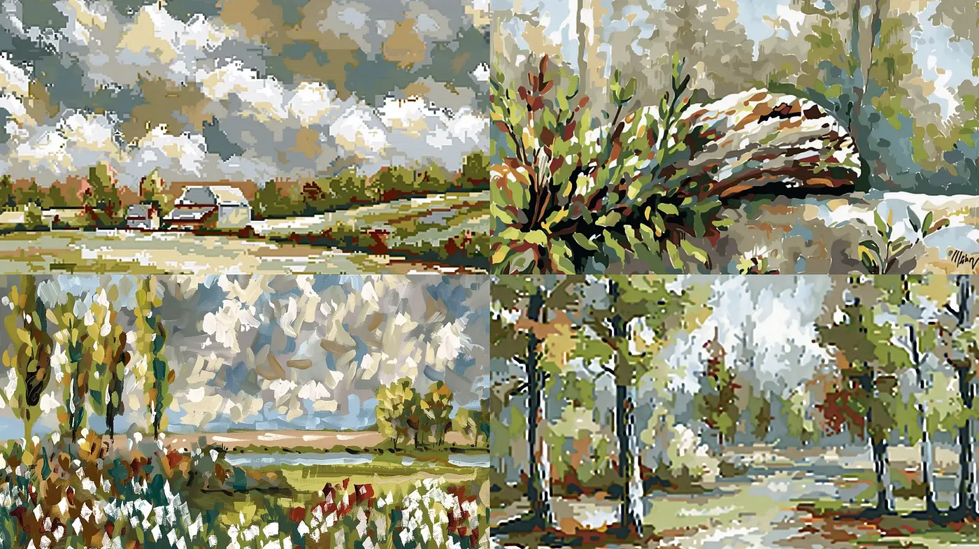 Consistent Impressionist Brushwork across Diverse Landscapes - Midjourney sref style