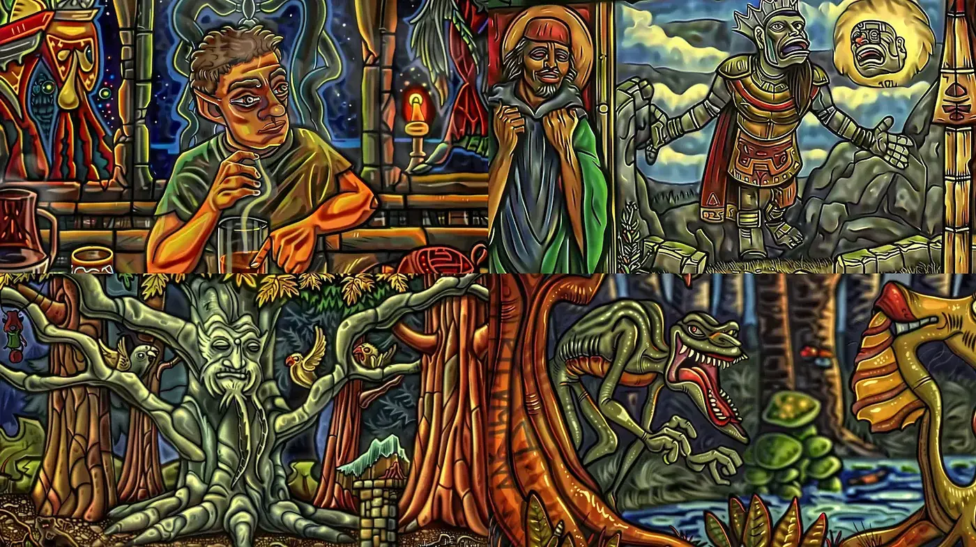 Vividly detailed and whimsical scenes with a surreal narrative touch - Midjourney sref style