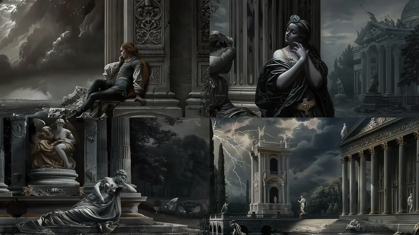 Dramatic classical landscapes with mythological and emotional elements - Midjourney sref style