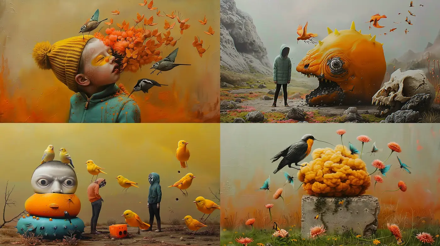Surreal Dreamscapes with Vibrant Avian Companions - Midjourney sref style