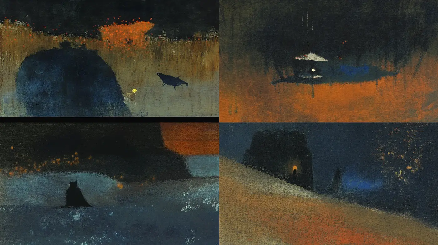Whispers of Twilight: An Ethereal Nocturne in Textured Orange and Blue - Midjourney sref style