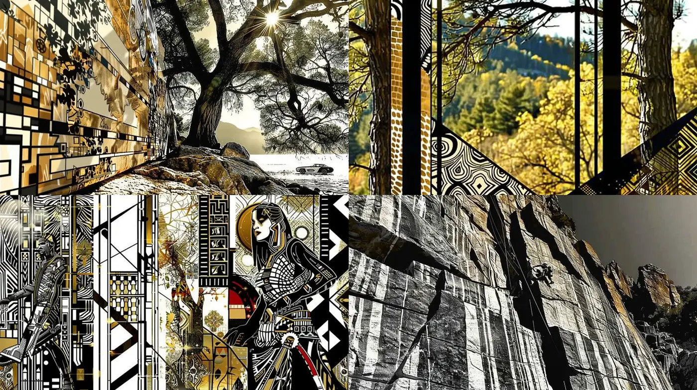 DecoFusion Textural Ensemble: A Fusion of Art Deco Elegance and Rugged Naturalism - Midjourney sref style
