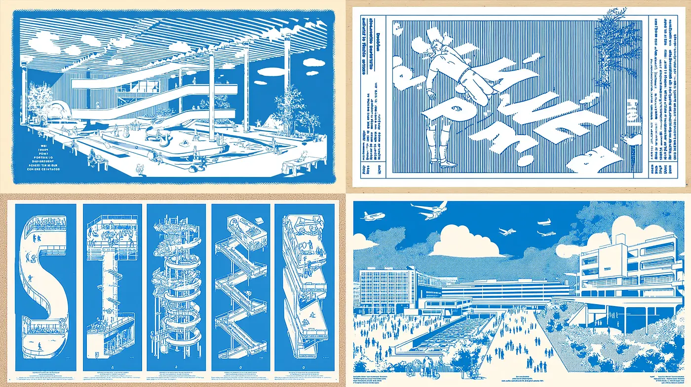 Stylized Retro Futurism with Graphic Illustrative Elements - Midjourney sref style
