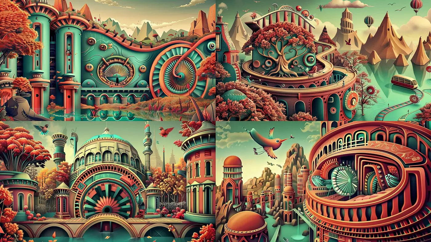 Surreal Architectural Dreamscape with Whimsical Autumn Hues - Midjourney sref style