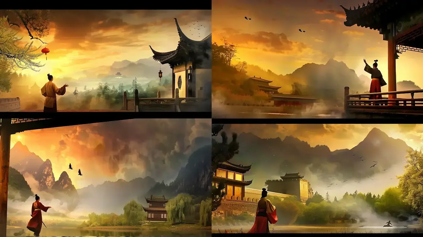Serene Landscape with Traditional Architecture and Atmospheric Lighting - Midjourney sref style