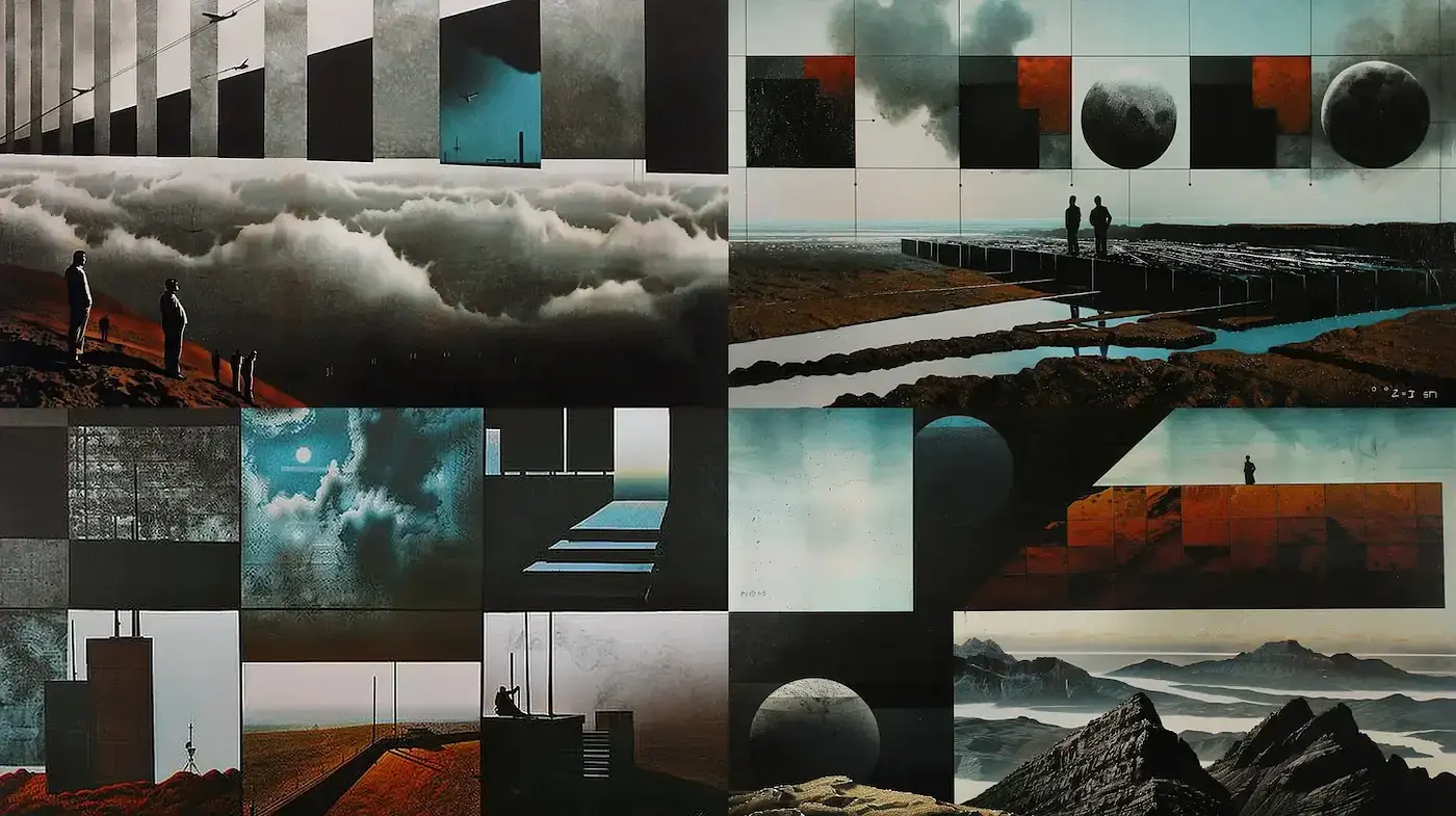 Surreal Landscape Composition with Moody Atmosphere and Geometric Elements - Midjourney sref style