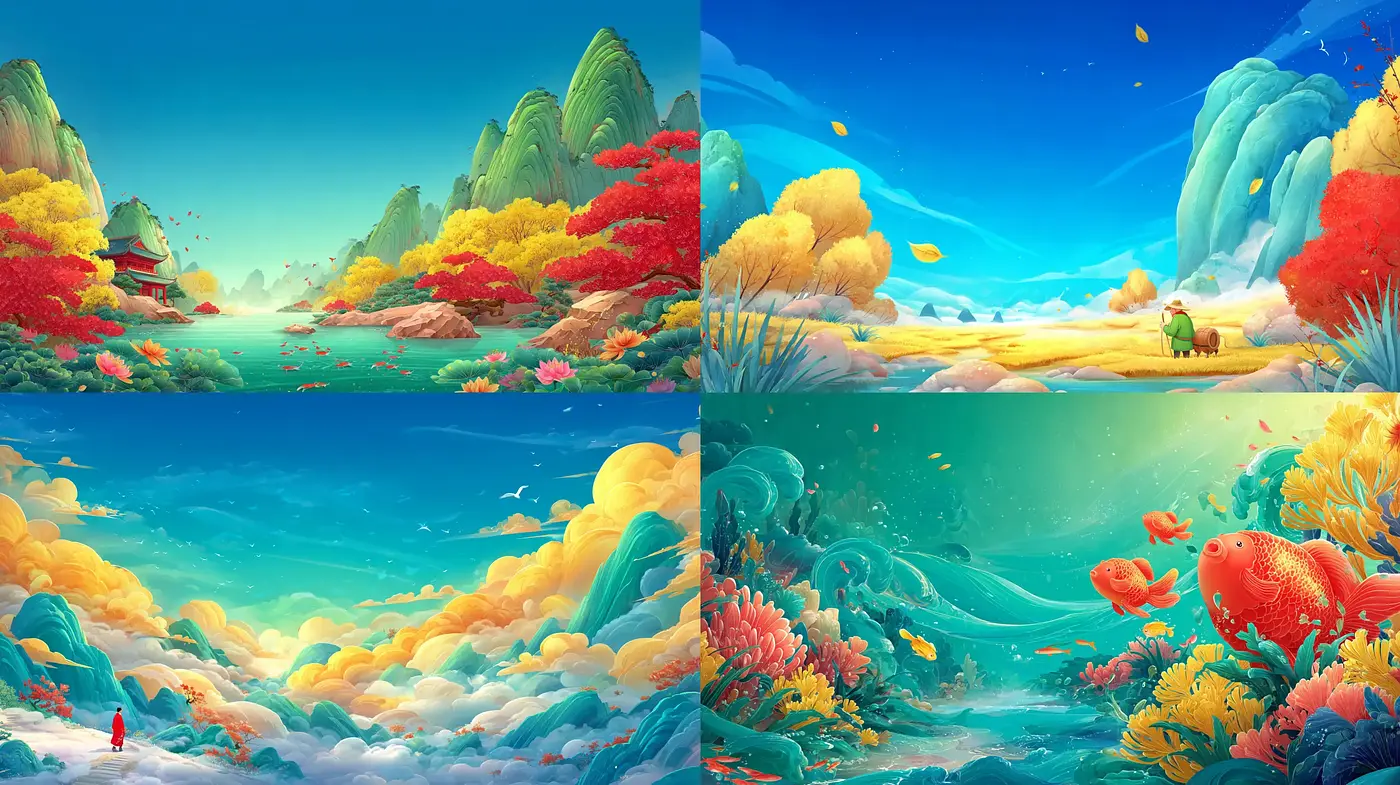 Vibrant and Whimsical Landscapes with a Dreamlike Quality - Midjourney sref style