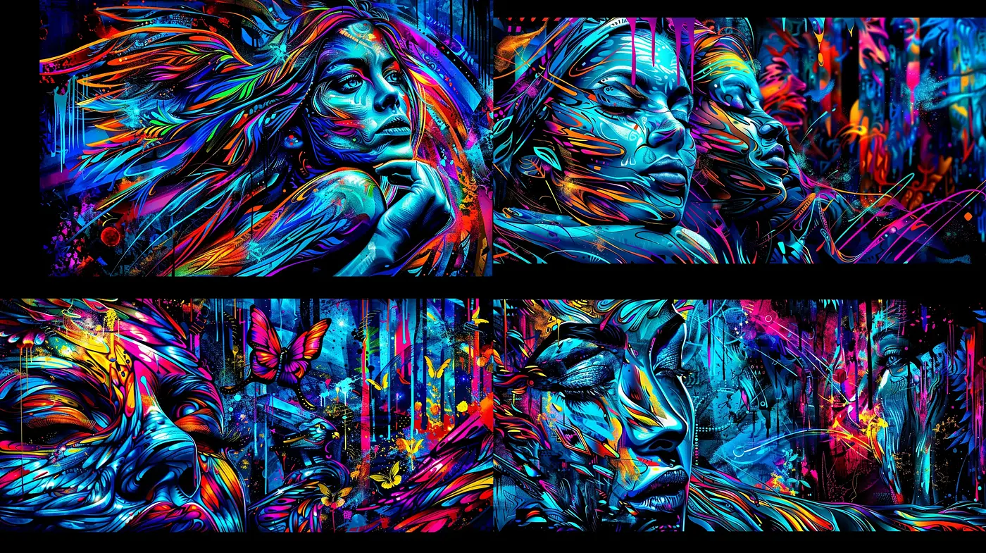 Expressive Chromatic Fusion: A Vivid Tapestry of Psychedelic Hues and Dynamic Form - Midjourney sref style