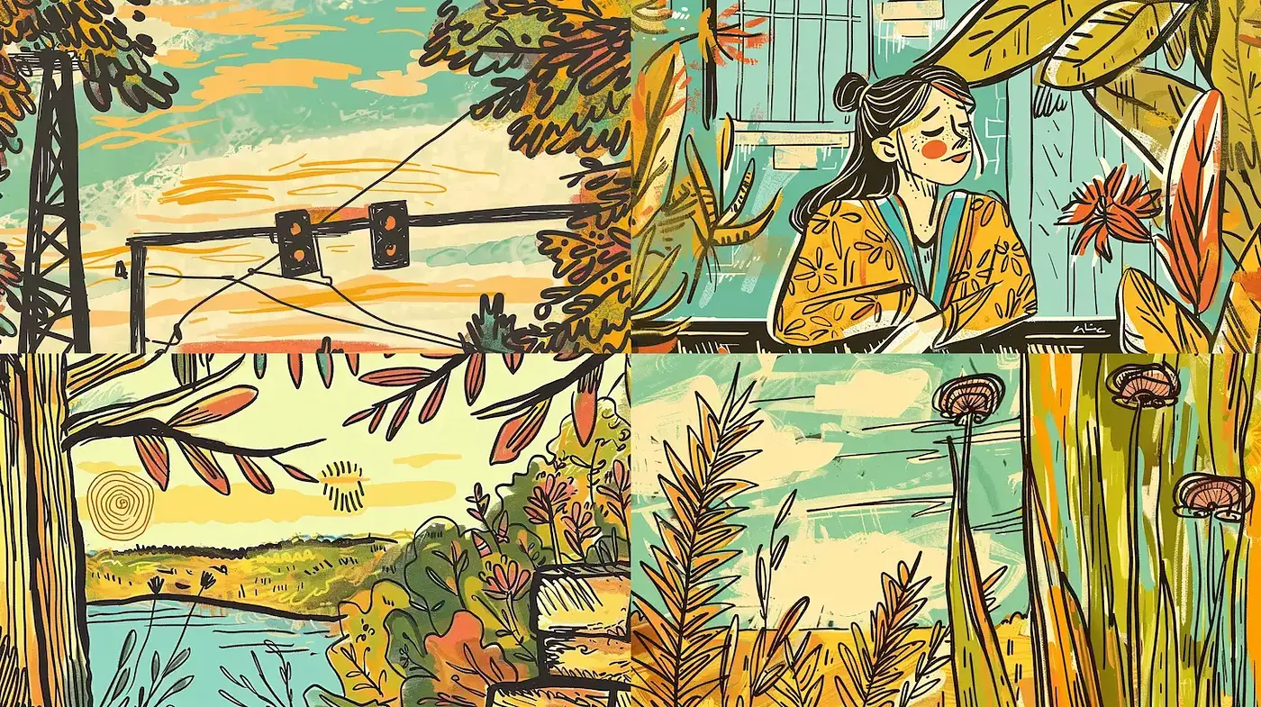 Eclectic Illustrative Style with Nature and Human Elements - Midjourney sref style