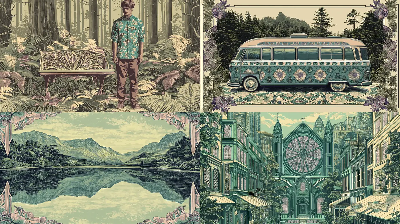 Timeless Verdant Reverie: Aesthetic Fusion of Vintage Pastoral and Neo-Victorian Elements - Midjourney sref style