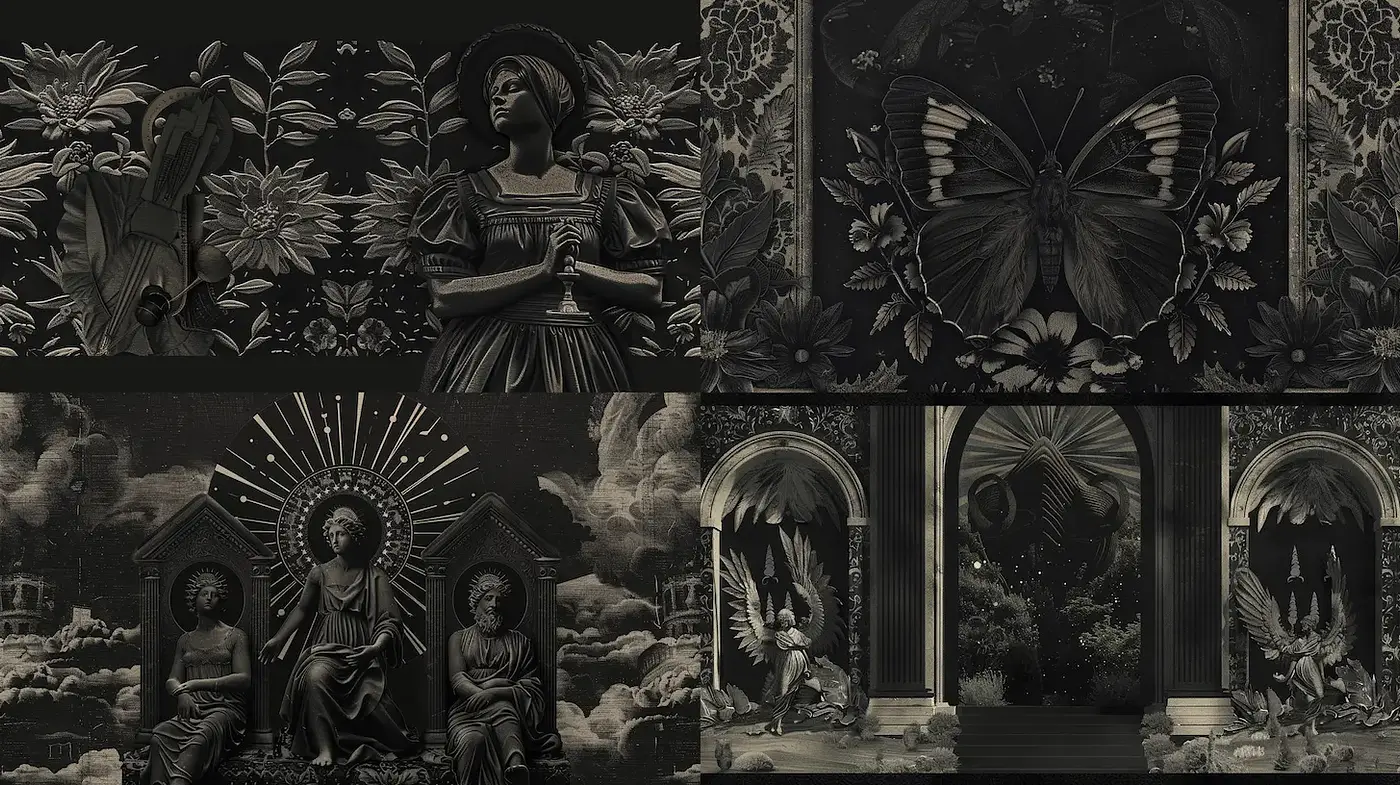 Intricate Black and White Imagery with Artistic Flourishes - Midjourney sref style