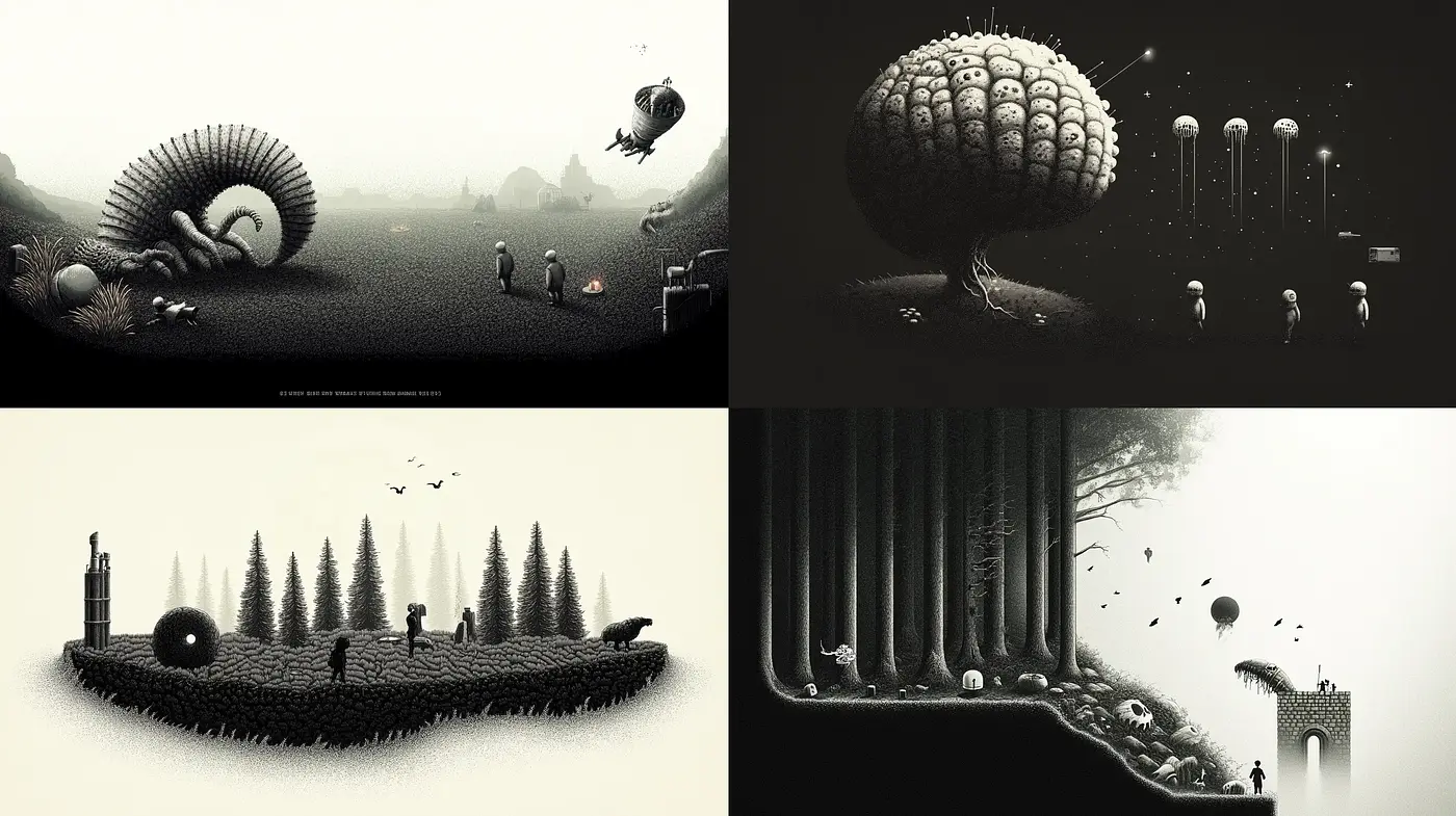 Monochromatic Dreamscape: A Homage to Surrealist Visions - Midjourney sref style
