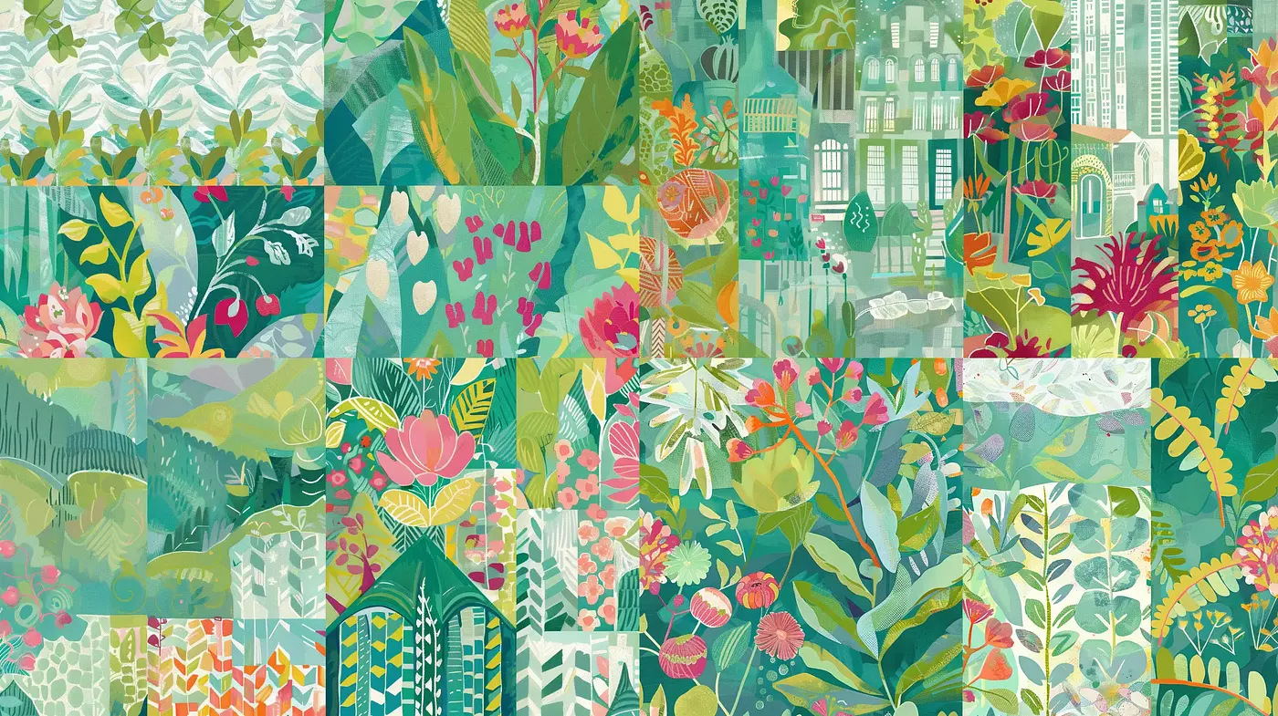 Lush Botanical Tapestry in Stylized Patchwork - Midjourney sref style