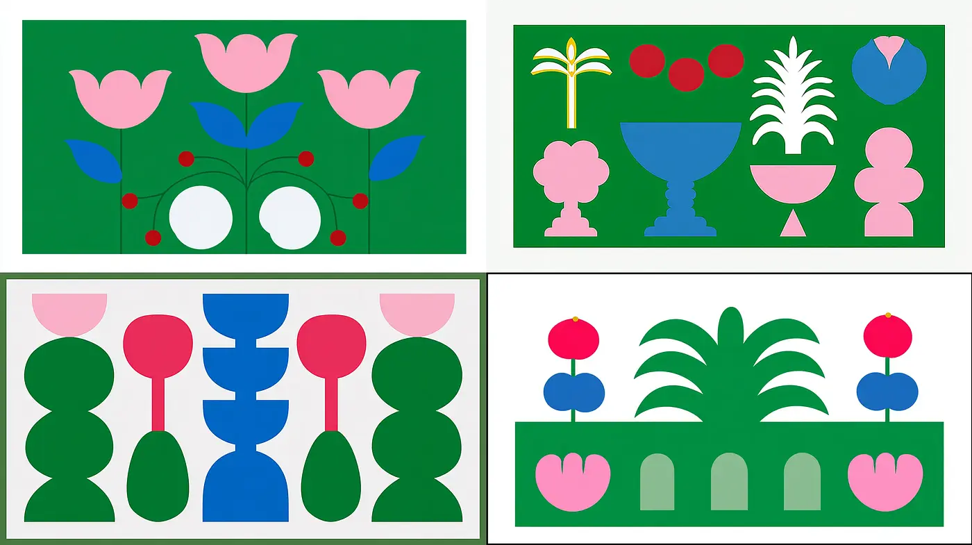 Lively and Colorful Geometric Floral Abstractions with a Retro Touch - Midjourney sref style