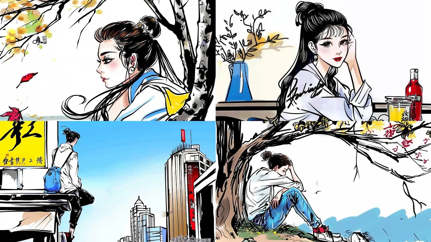 Elegant Ink-Wash Nostalgia with Modern Contrasts - Midjourney sref style