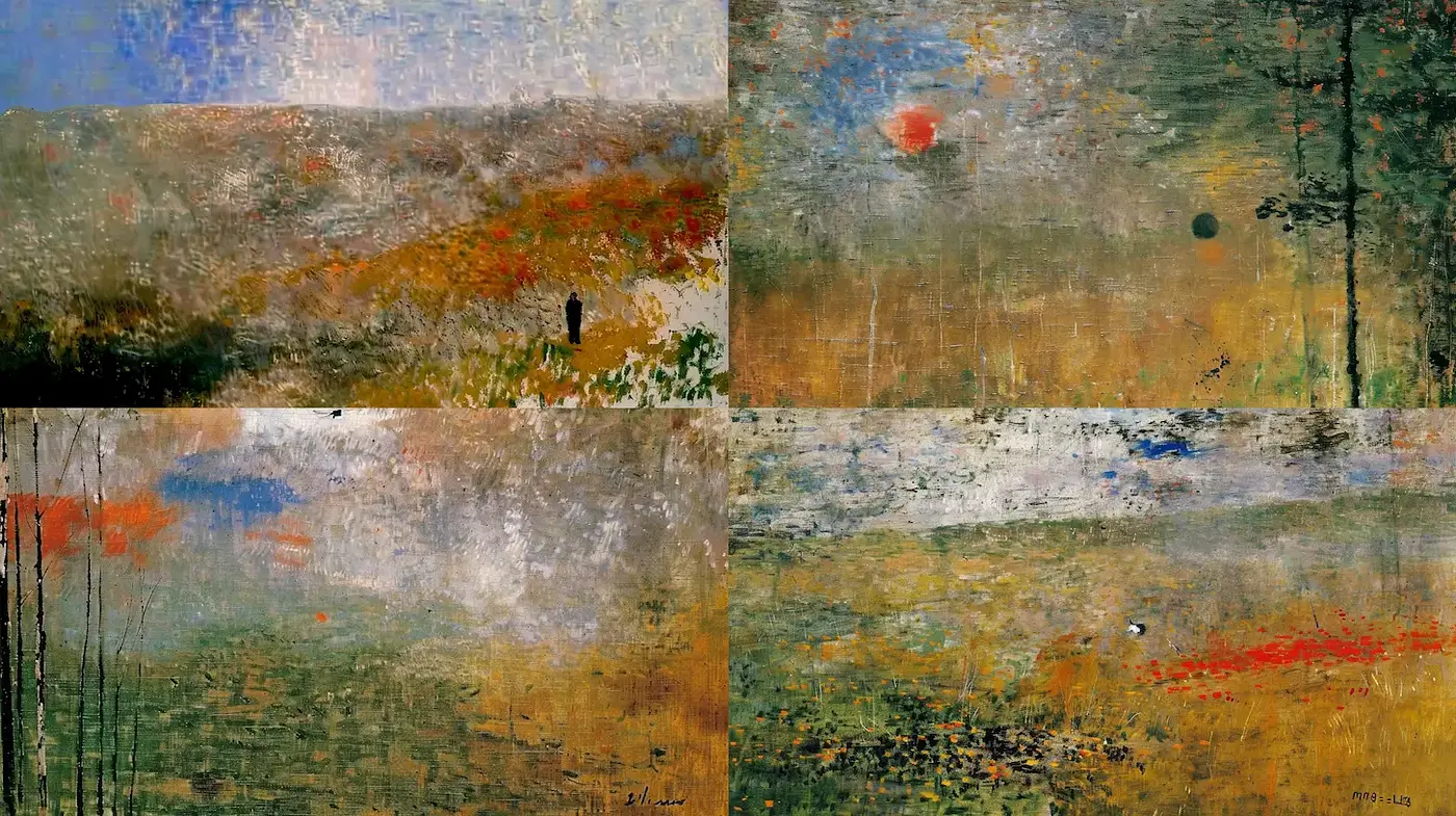 Abstract landscapes with textured brushwork and soft hues - Midjourney sref style