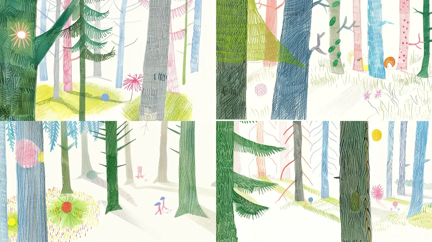 Whimsical Hand-Drawn Forest Vistas with Pastel Chromatics - Midjourney sref style