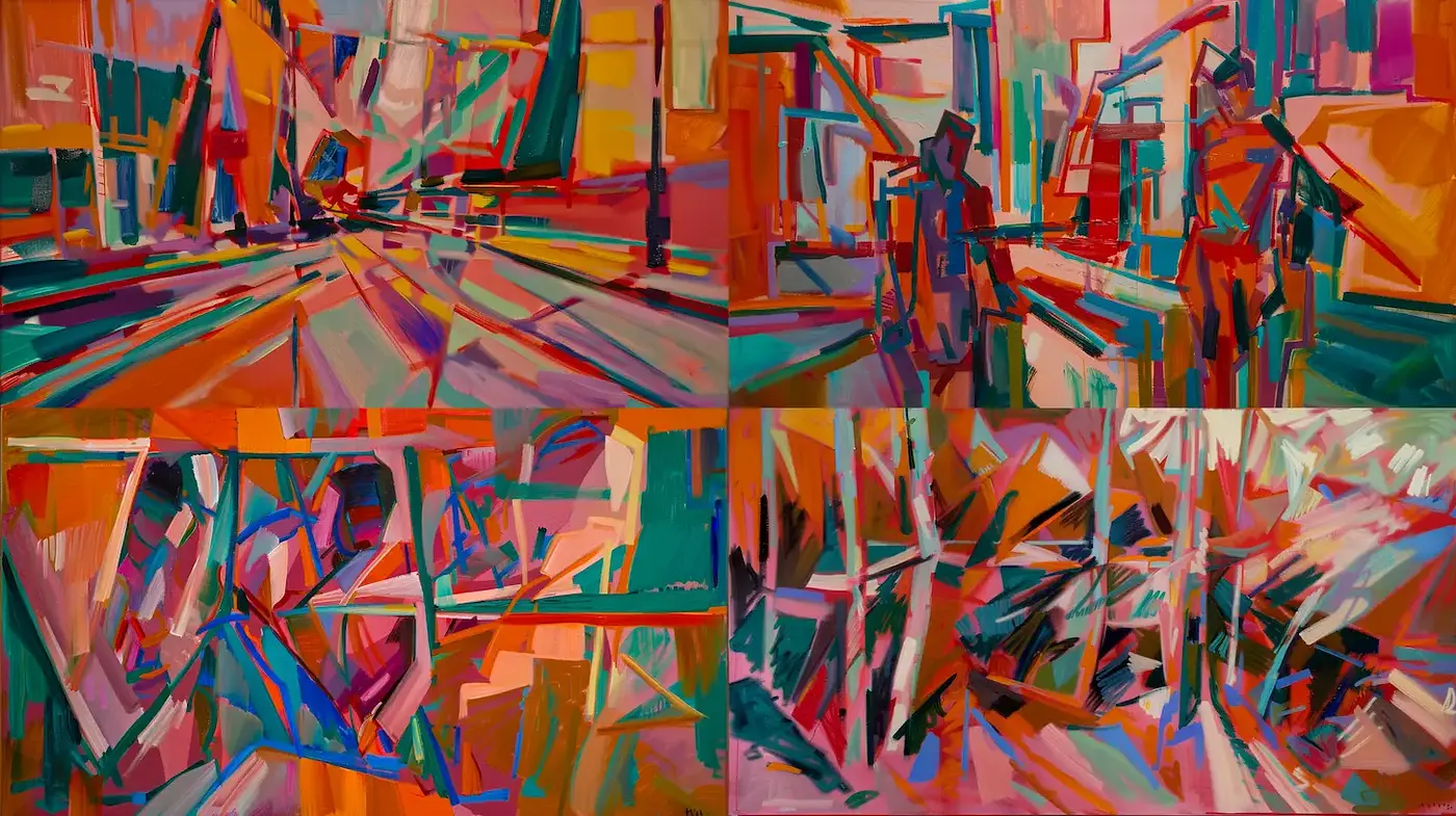 Vivid and Abstract Urban Landscapes with Dynamic Color Palettes - Midjourney sref style