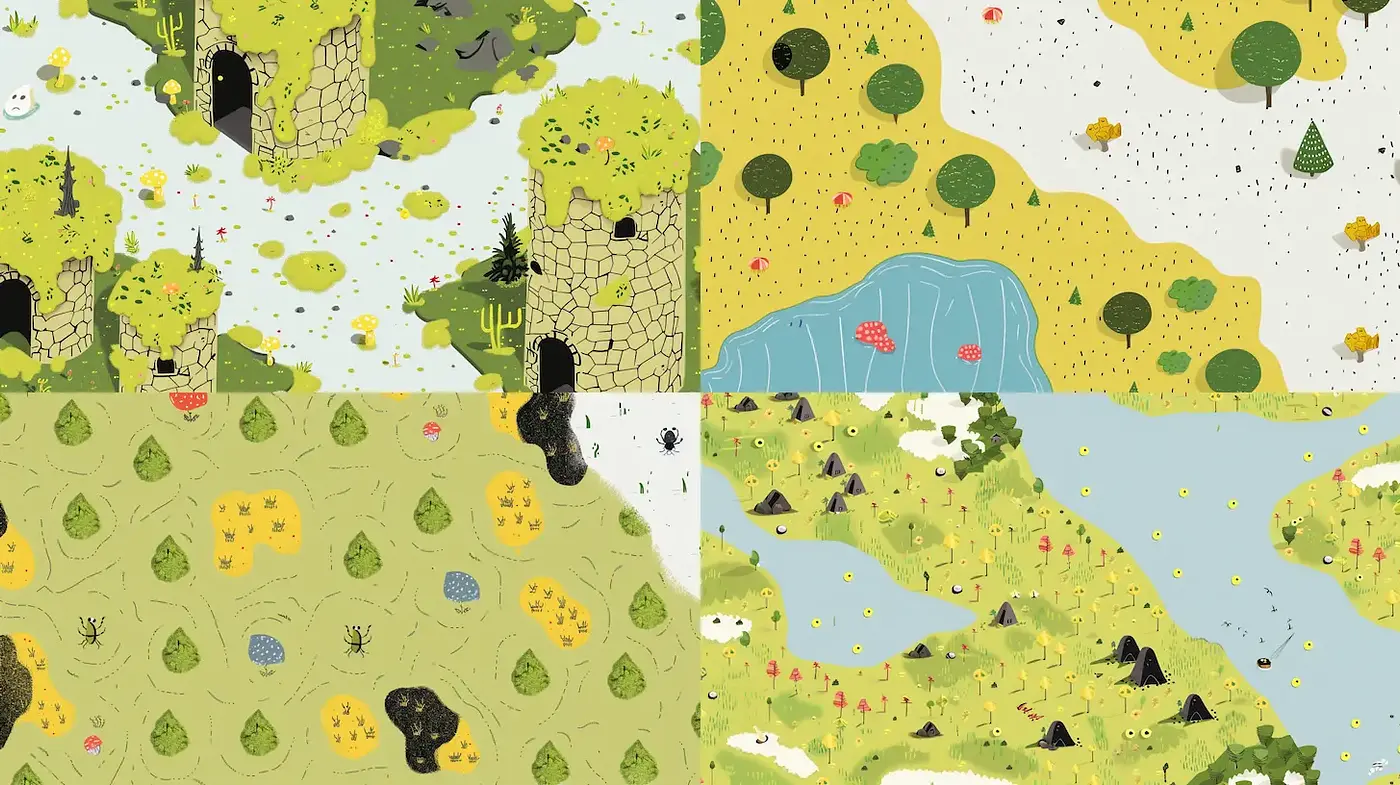 Vibrant and Playful Landscape Illustrations with a Whimsical Touch - Midjourney sref style