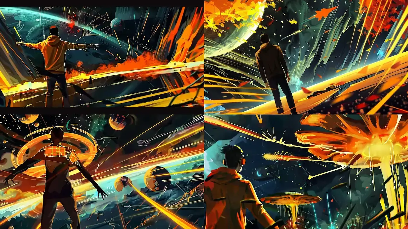 Dynamic and Vivid Cosmic Exploration with Energetic Visuals - Midjourney sref style