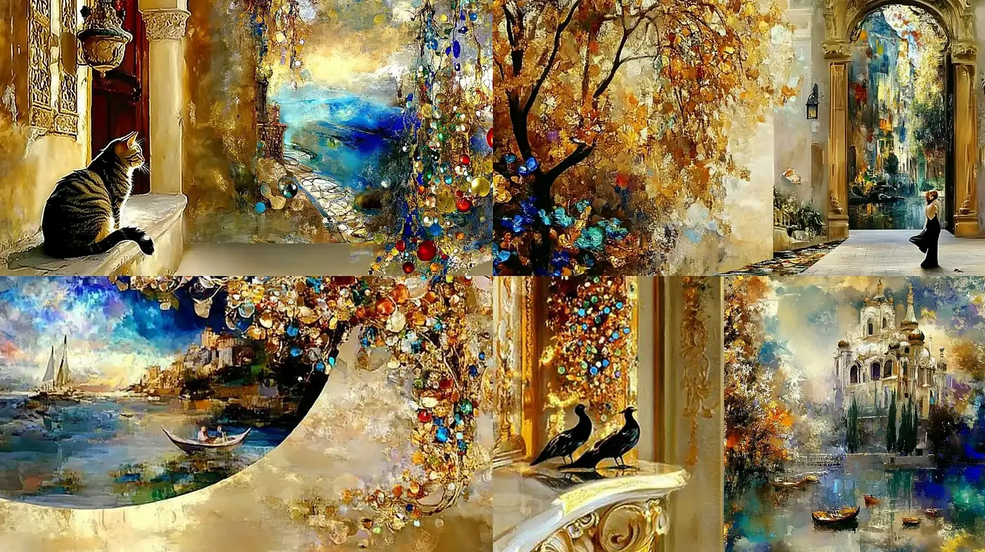 Gilded Luminescence: A Dance of Light and Ornate Textures - Midjourney sref style