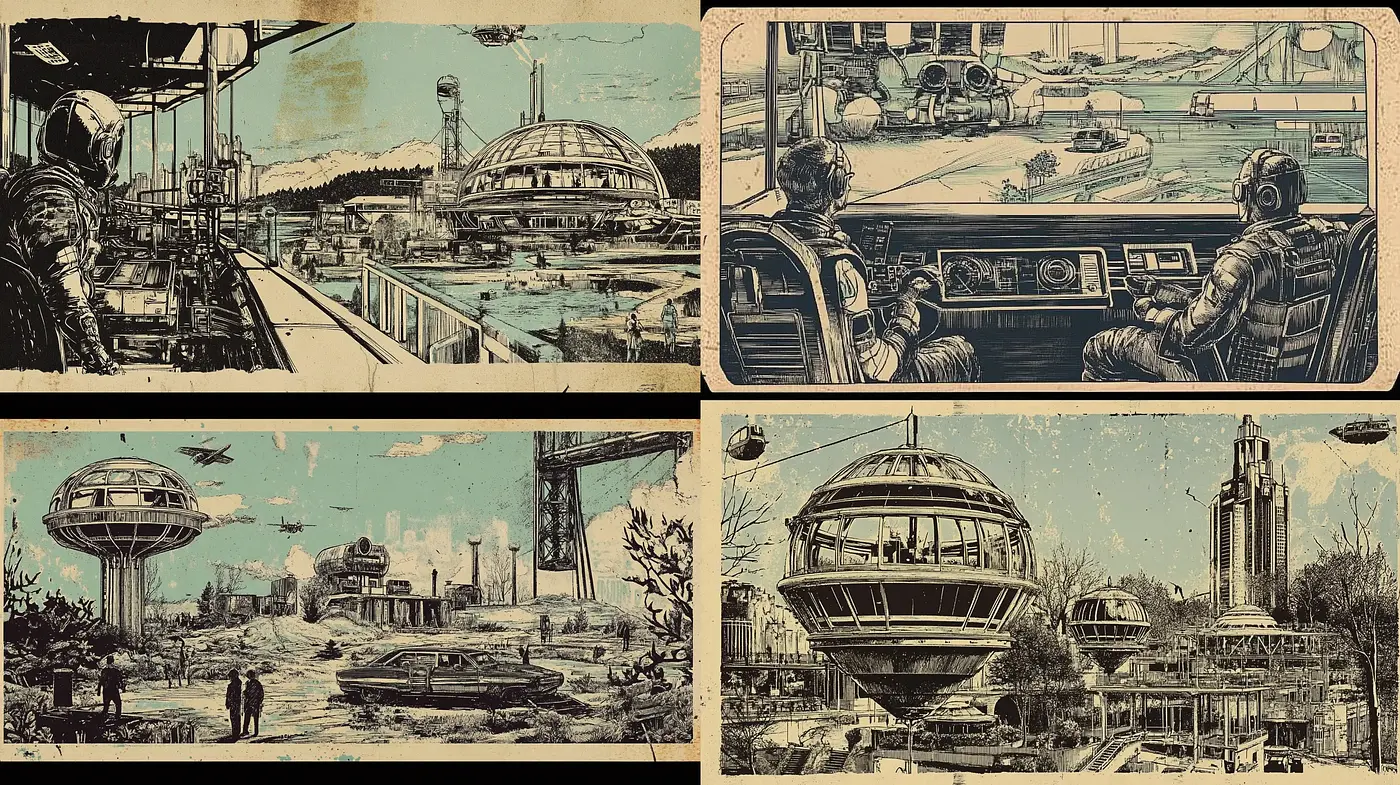 Retrofuturistic Elegance in a Sepia-toned Dreamscape - Midjourney sref style