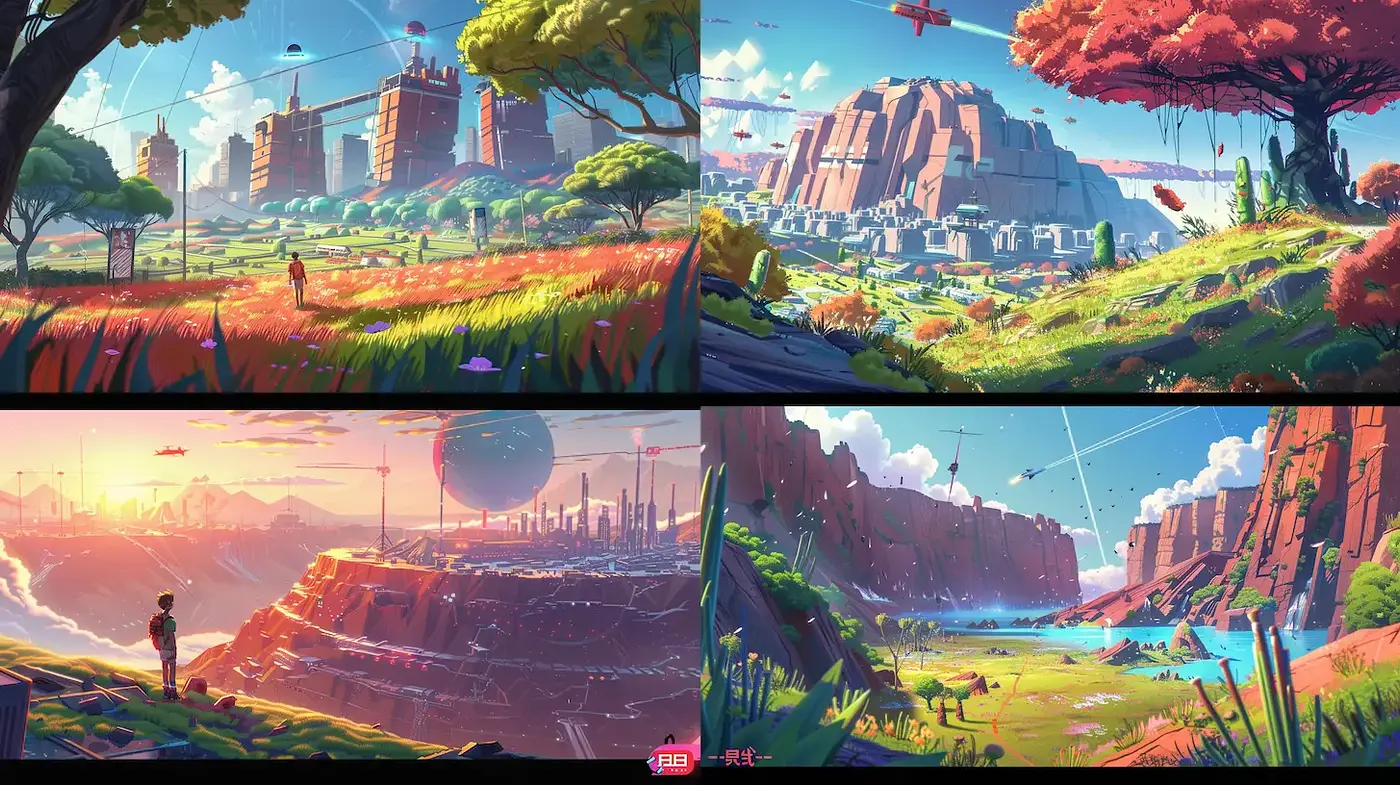Futuristic landscapes infused with vibrant colors and whimsical elements - Midjourney sref style