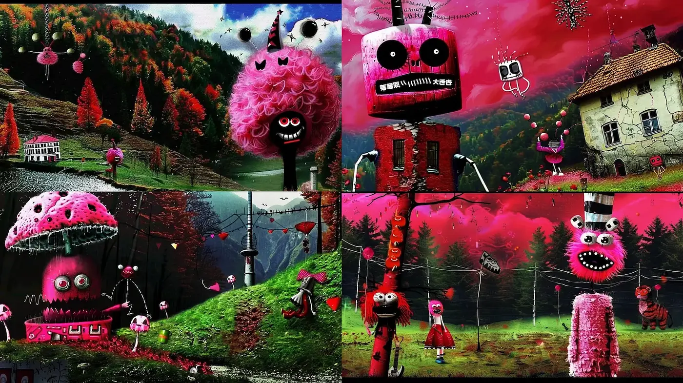 Whimsical Fantastical Landscape with Playful Characters - Midjourney sref style