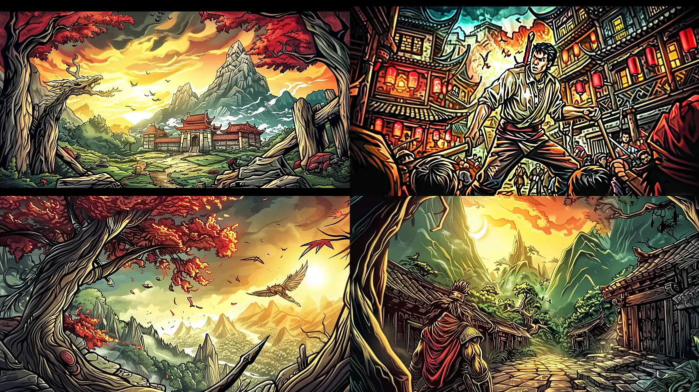 Vibrant Comic-Inspired Panoramas with a Mythical Essence - Midjourney sref style