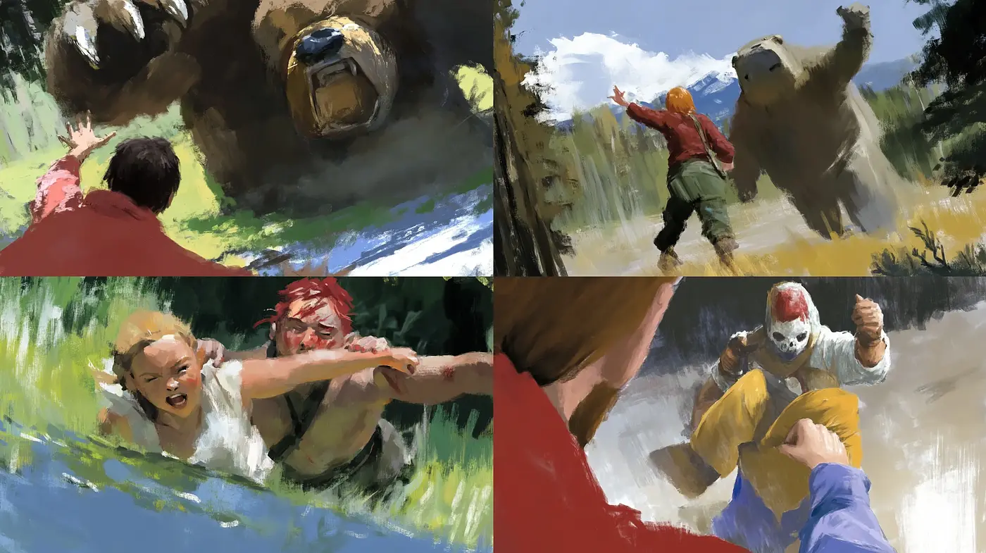 Dynamic Brushwork with Bold Colors in Motion - Midjourney sref style