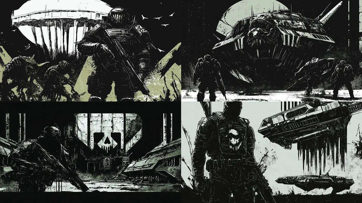 Gritty Monochrome Sci-Fi Concept Art Style - Midjourney sref style