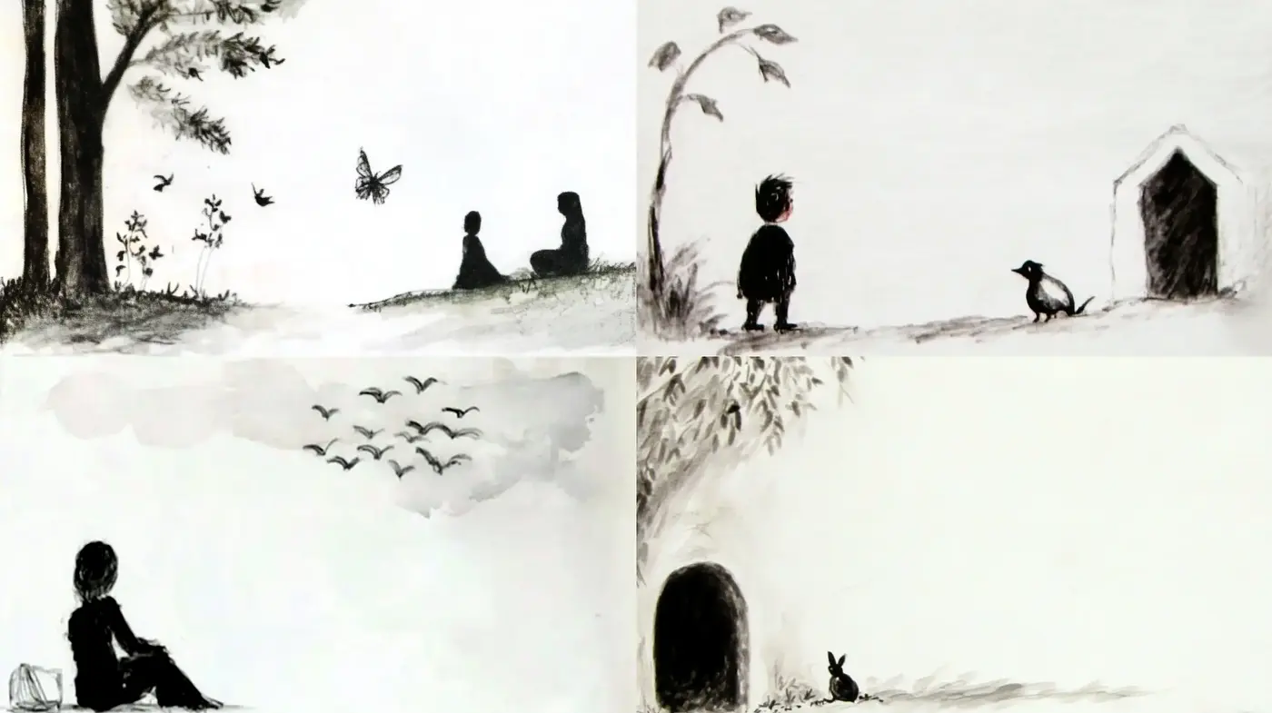 Monochromatic Whimsy: Suggestive Silhouettes in a Dreamlike Tableau - Midjourney sref style
