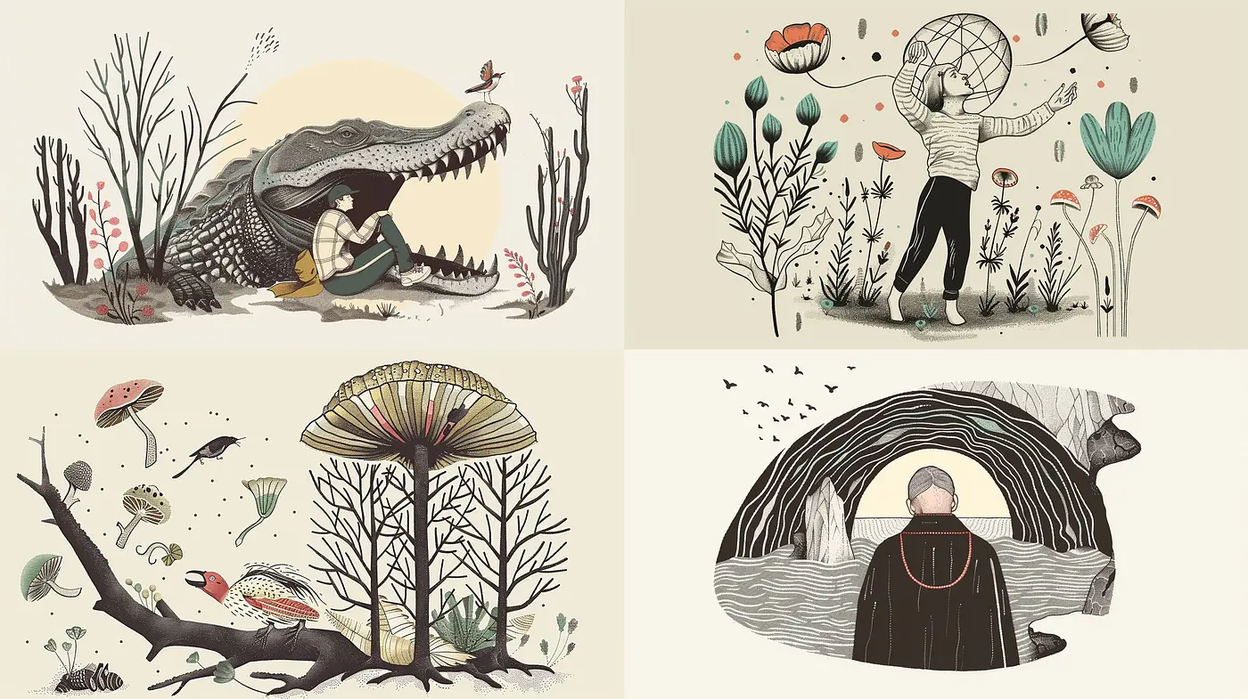Whimsical Nature and Fantastical Creatures in Soft Earth Tones - Midjourney sref style