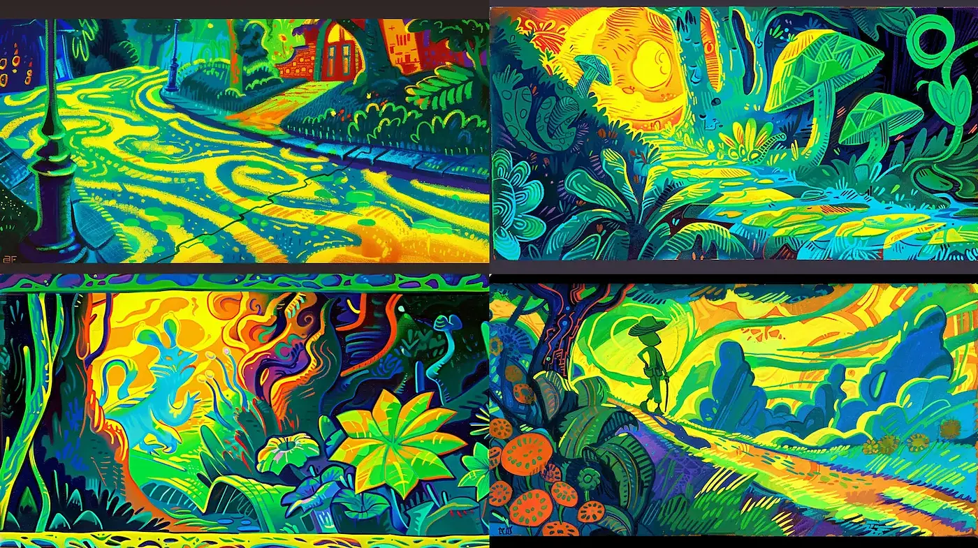 Vibrant and Lush Dreamy Landscapes with Whimsical Elements - Midjourney sref style