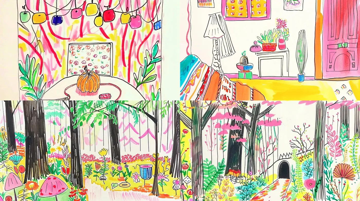 Eclectic Vivacity: A Mélange of Whimsical Linearity and Expressive Colors - Midjourney sref style