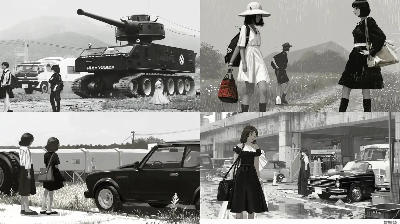Monochromatic Retrofuturism in Rainy Urban Landscapes - Midjourney sref style