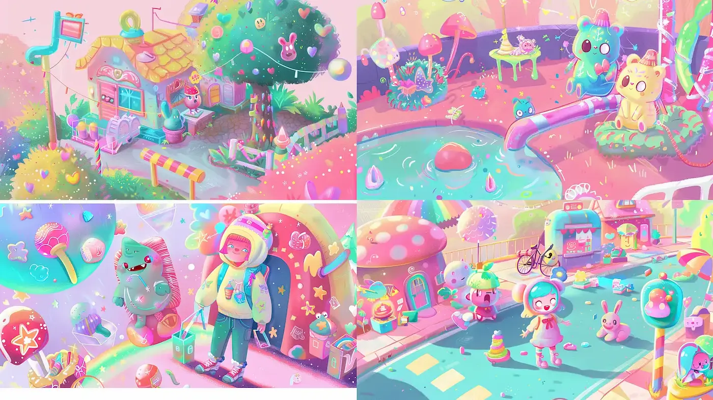 Whimsical and Playful Pastel Wonderland with Nostalgic Influences - Midjourney sref style