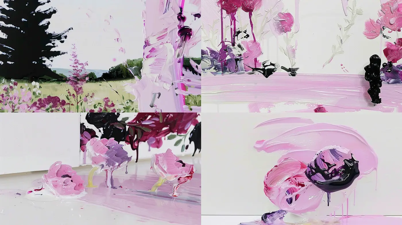 Whimsical Brushwork Dance in Shades of Pink and Black - Midjourney sref style