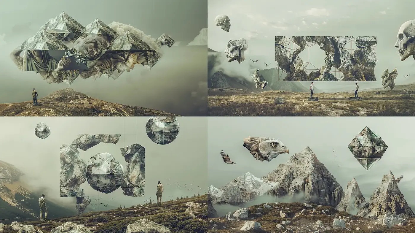 Surreal landscapes with fragmented forms and a dreamlike quality - Midjourney sref style