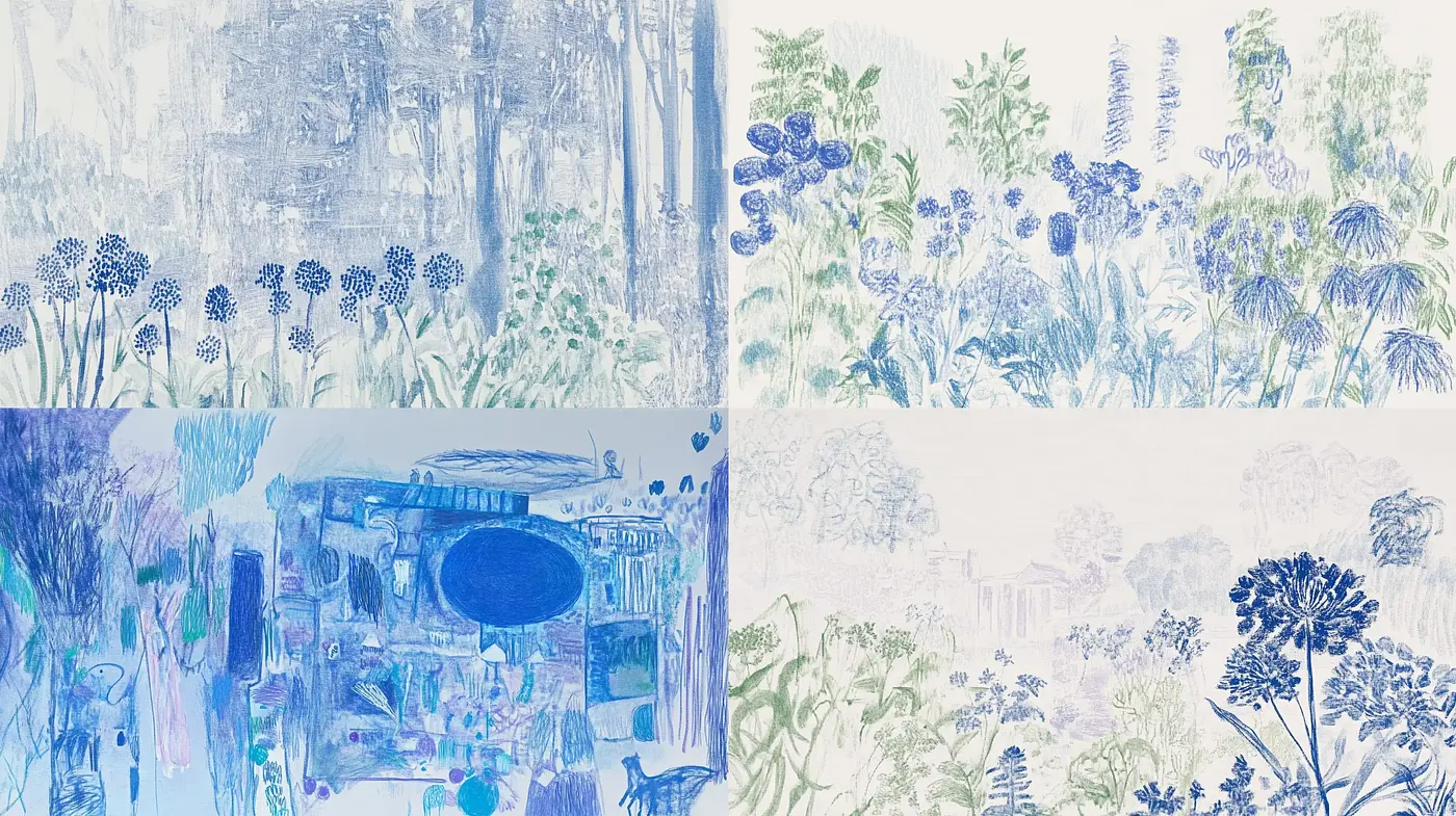 Serene Monochromatic Azure Visions in Botanical Imagery - Midjourney sref style