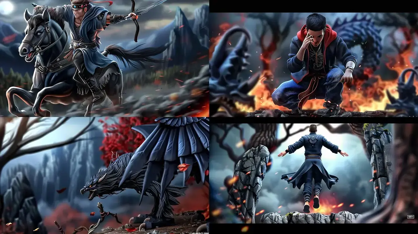 Dynamic and Intense Illustrations Featuring Heroic Themes and Fantasy Elements - Midjourney sref style