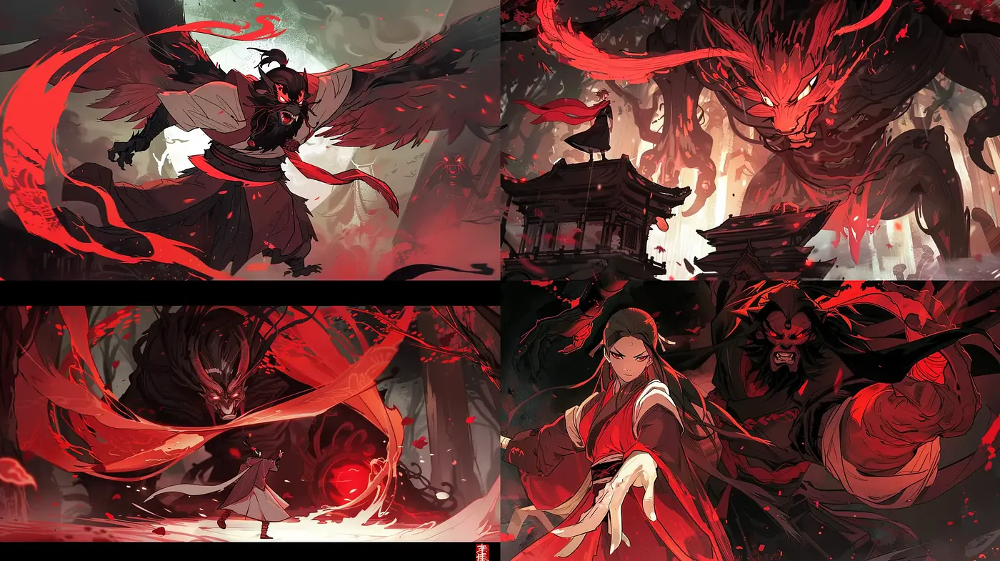 Ethereal Crimson Fantasia: A Fusion of Eastern Mythical Expressionism - Midjourney sref style