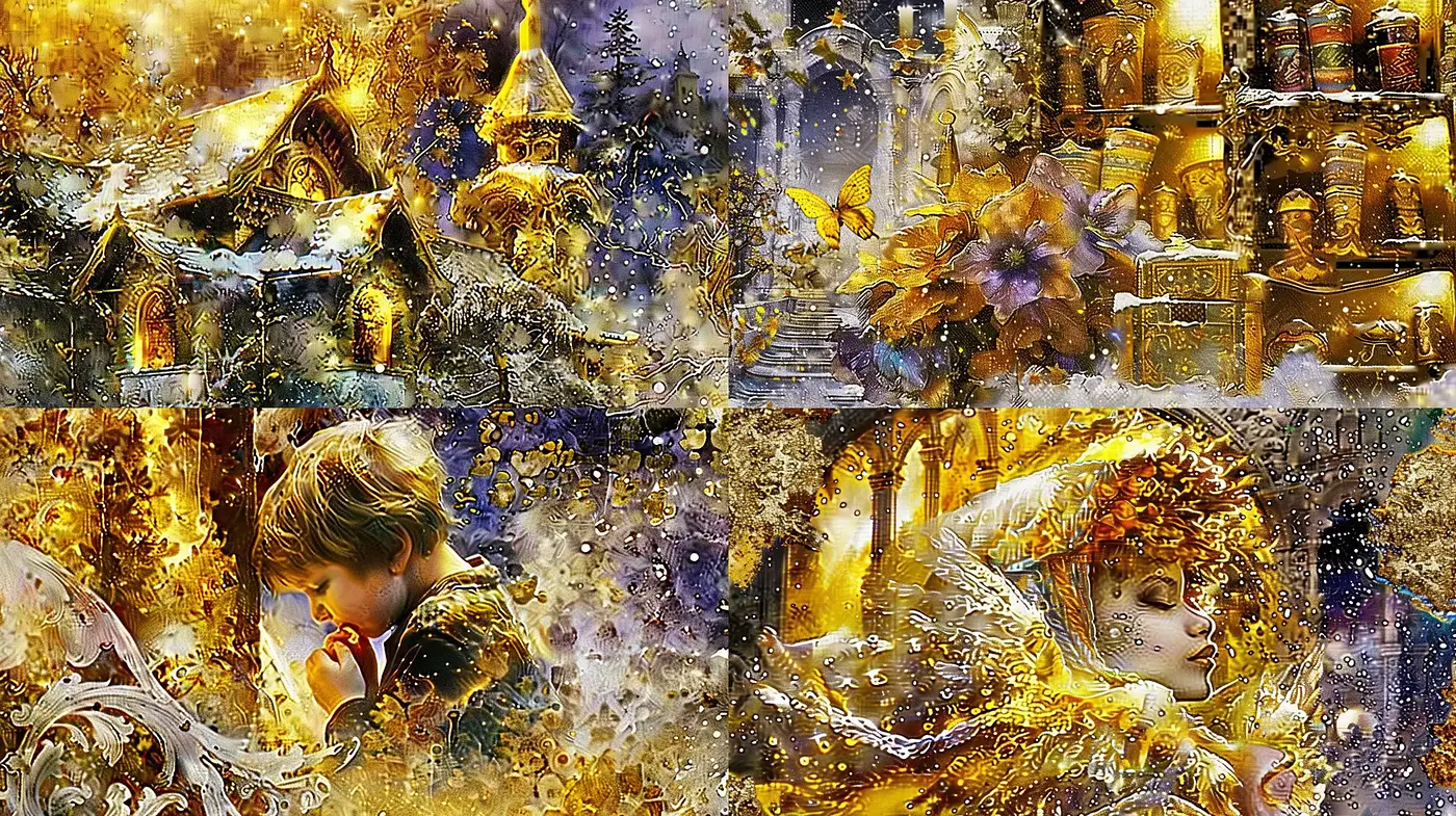 Gilded Dreamscape Fusion: A Kaleidoscopic Vision in Gold and Azure - Midjourney sref style