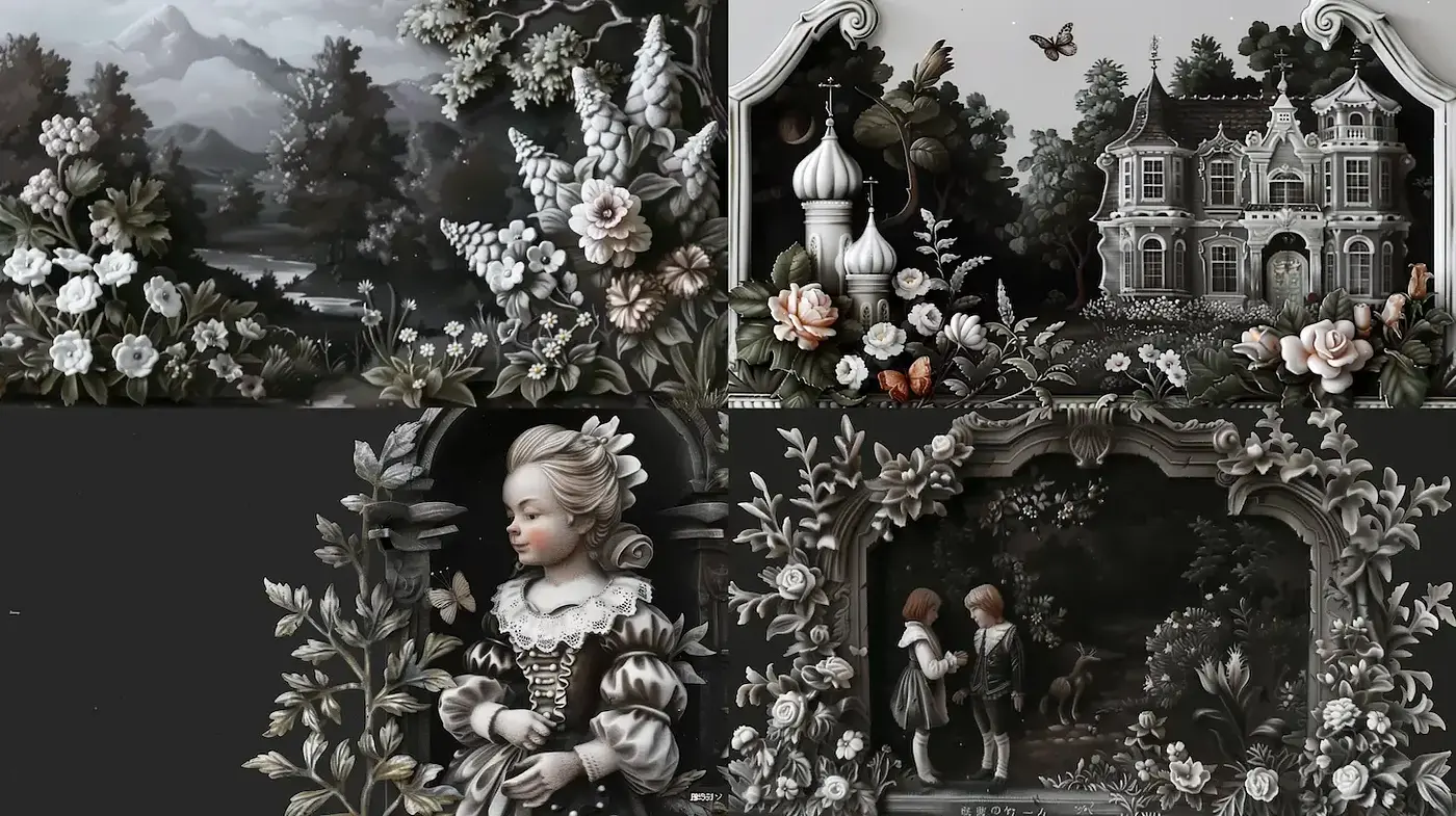 Intricate and Romantic Floral Landscape Depictions with Baroque Influences - Midjourney sref style