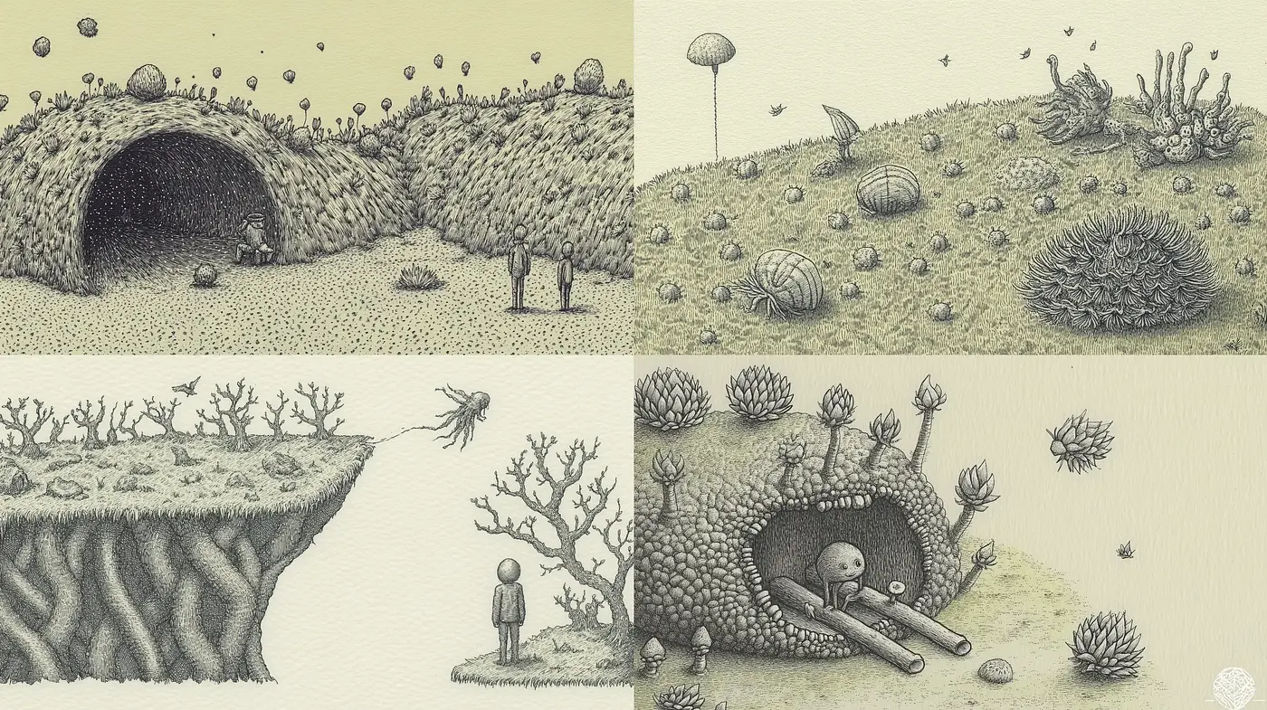 Whimsical Monochrome Dreamscape in Surrealistic Etched Style - Midjourney sref style
