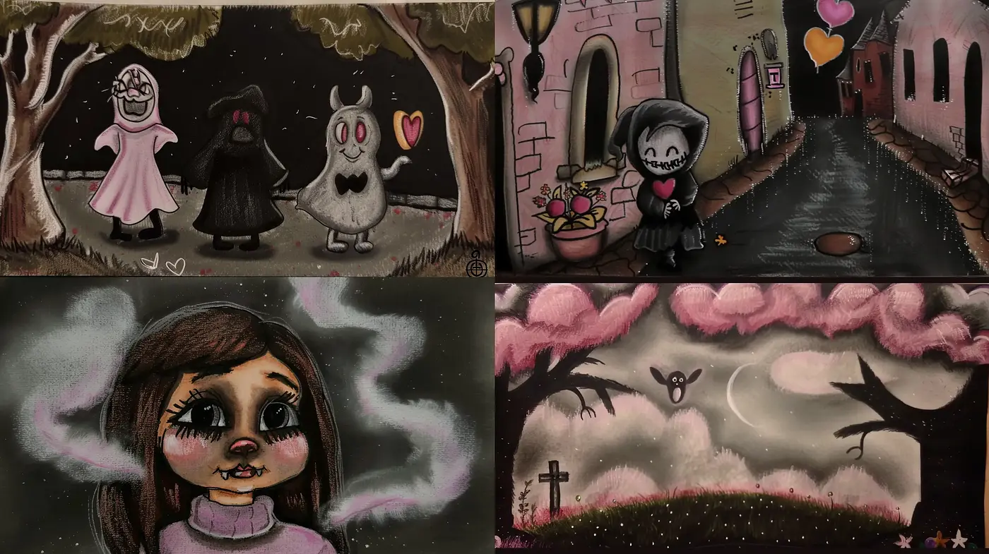 Gothic Whimsy: A Darkly Charming Illustrative Expression - Midjourney sref style