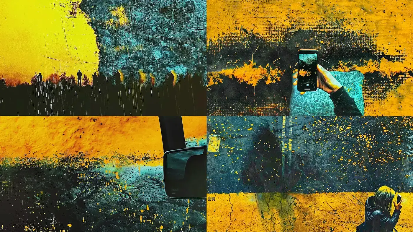 Distressed Golden Visions: A Grungy Study in Yellow and Black - Midjourney sref style