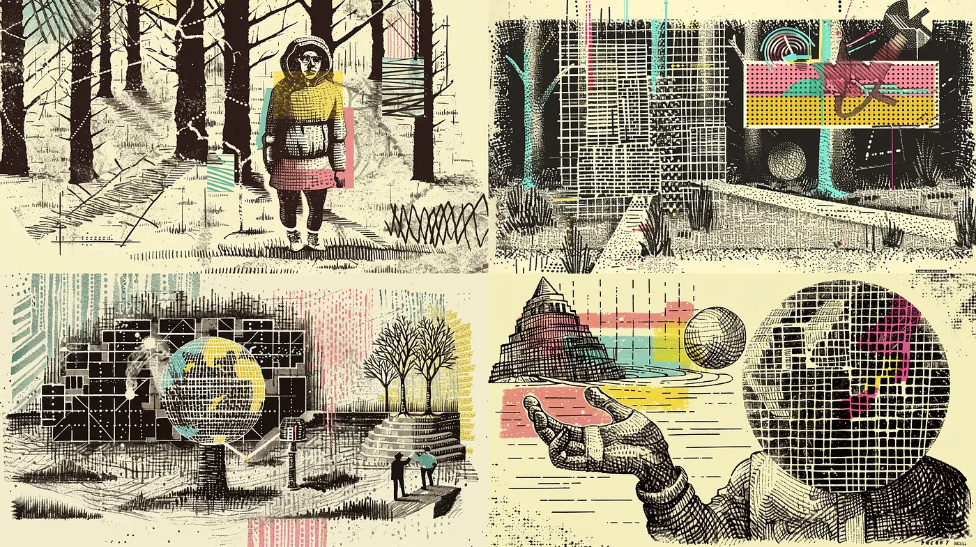 Retro-Futuristic Exploration in Crosshatched Dreamscape - Midjourney sref style